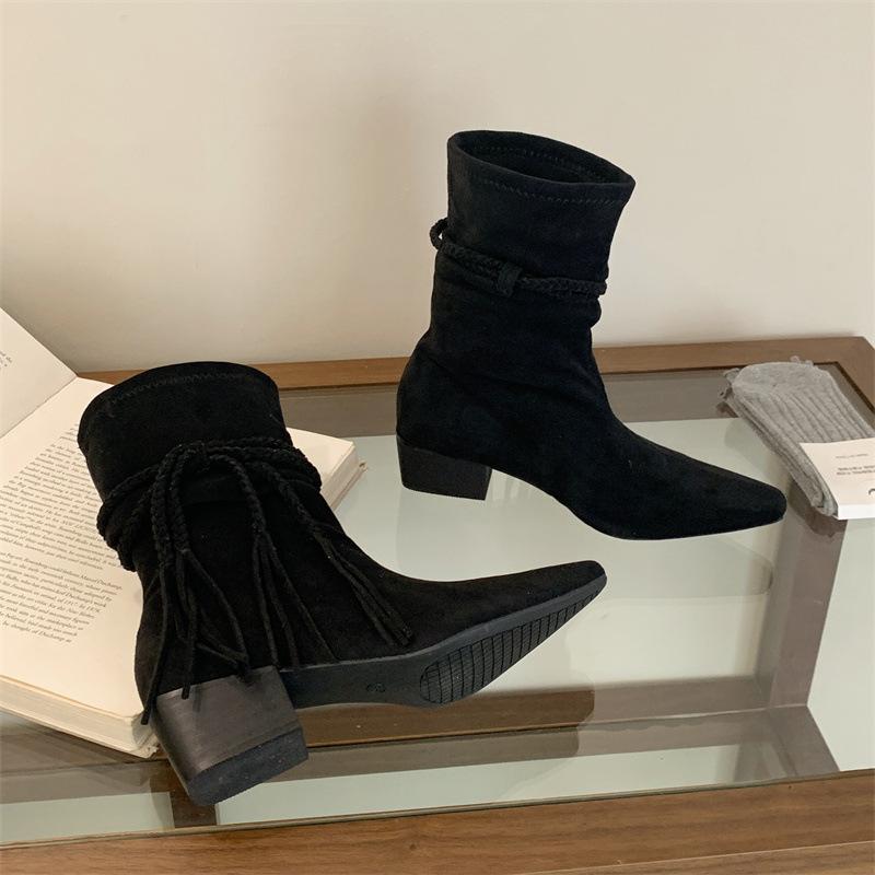 Heel braided strap stacking boots autumn and winter matte suede western boots retro pointed mid tube knight boots