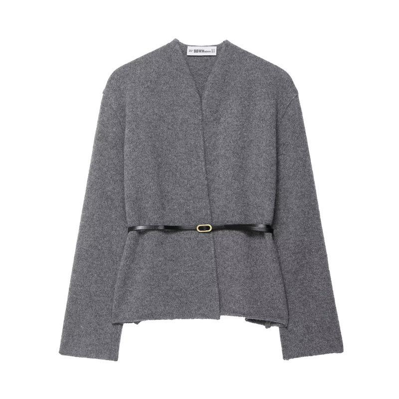 European and American Women s Fashion Wool Coat with Belt Large