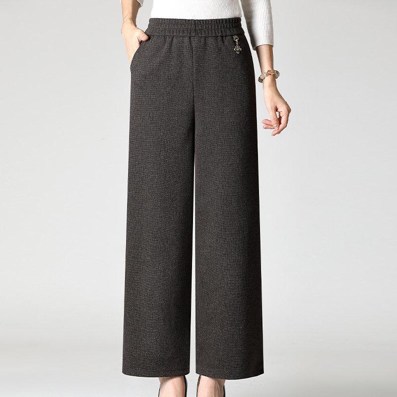 Extra-Size Women's Plus Velvet Wide-Leg Pants for Autumn and Winter, Middle-Aged and Elderly