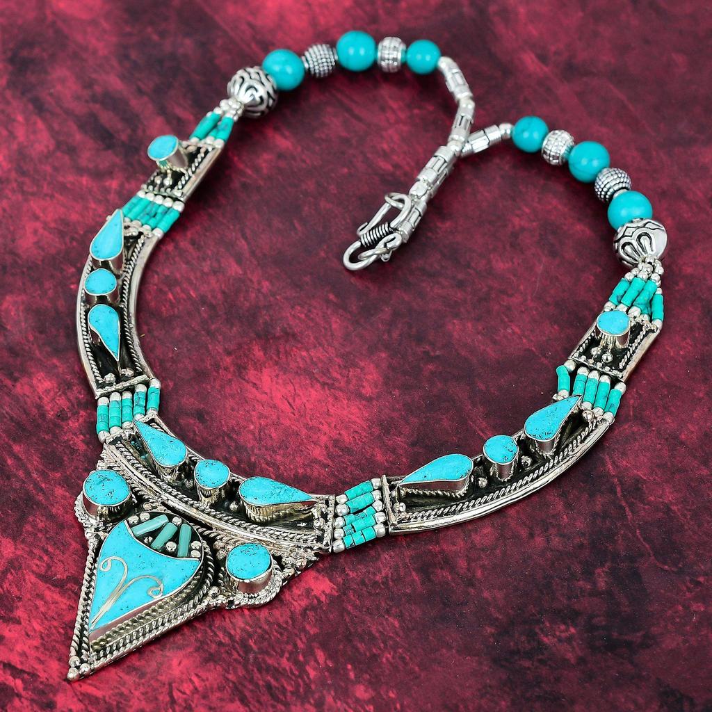 Blå turkis håndlaget edelstenskjede, 925 solid sterlingsølv antikke smykker justerbart kjedekjede, for forlovelsesgave