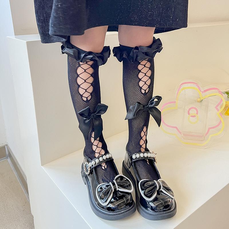 Children's Socks Summer Lolita Wooden Ear Mesh Ribbon Large Bow Mid-tube Socks for Girls