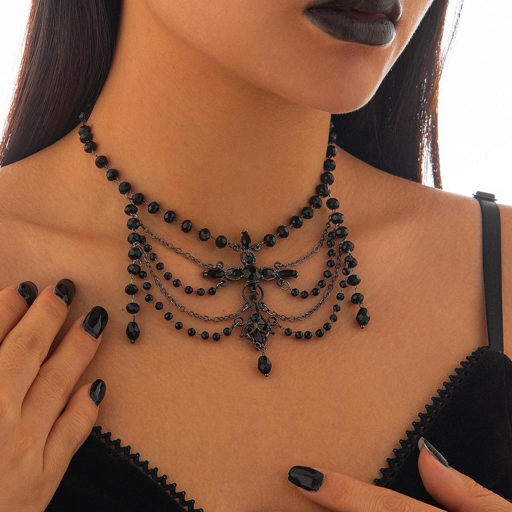 Kadınlar İçin Gotik Lolita Koyu Haç Kristal Boncuklu Püsküllü Choker Kolye