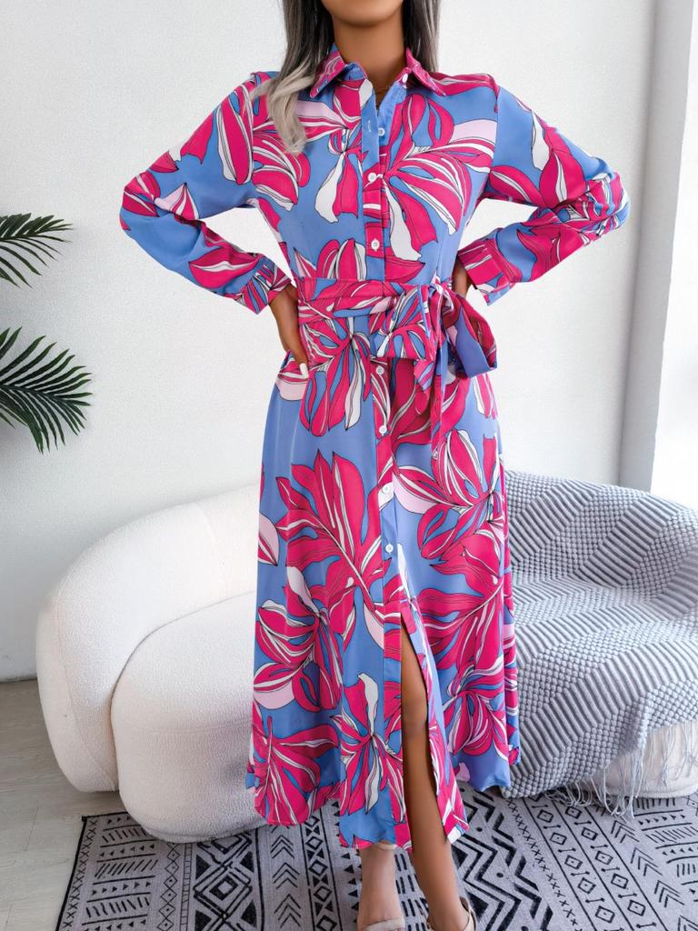 Abito Stampato con Colletto Revers Bottoni Vita Alta Elegante Abito Camicia per Donna Manica Lunga Abiti Ampi Abito Casual