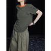 2024 Summer Women's Retro Dark Green Striped Short-Sleeve T-Shirt, Round Neck, Versatile, Thin