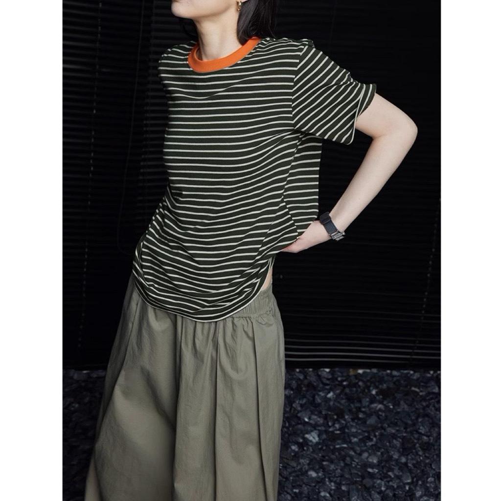 2024 Summer Women's Retro Dark Green Striped Short-Sleeve T-Shirt, Round Neck, Versatile, Thin