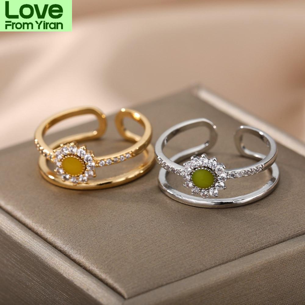 Cute Daisy Rings For Women Zircon Sweet Double Mini Flower Open Adjustable Finger Ring Wedding Party Boho Jewelry Gift Mujer