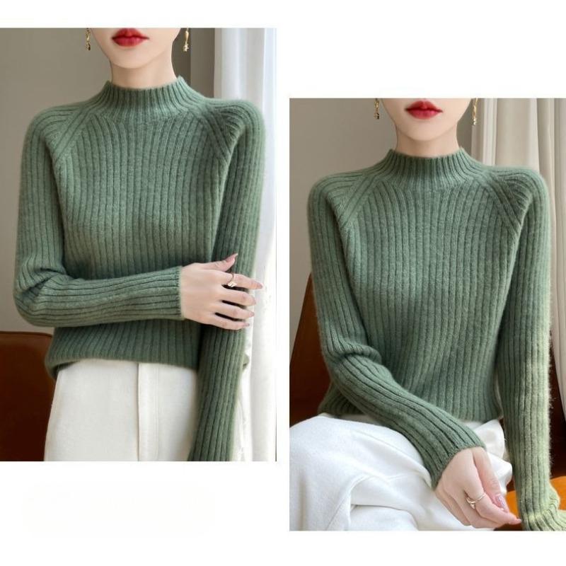 Autumn Winter Women Knitwear Slim Fit Semi High Neck Pure Color Loose Short Knitted Sweater Base Layer