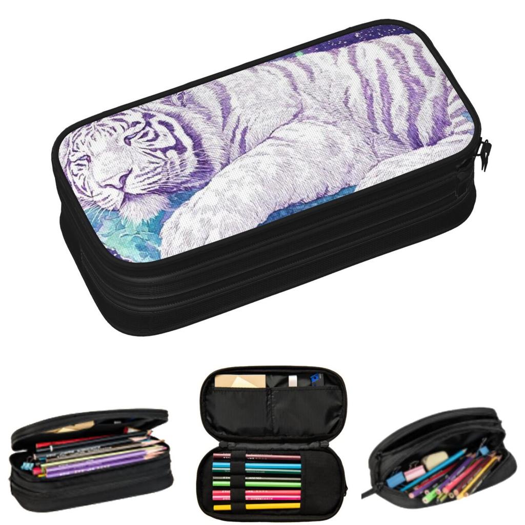 White Tiger Under A Moonlit Sky Starry Tiger Pencil Cases for Students School Pen Box Pencil Bag Large Storage Pencil Pouch