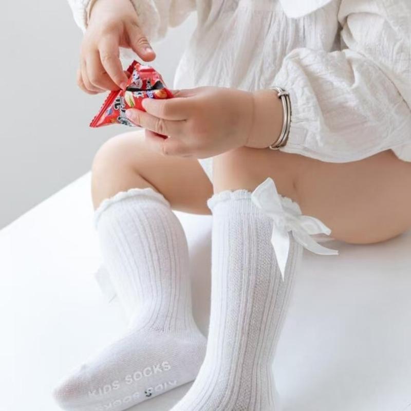 Mädchen-Schlauchsocken, einfarbig, mit Schleife und Buchstabendruck, modisch, atmungsaktiv, warme Strümpfe