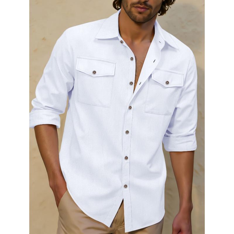 Men Solid Color Loose Long Sleeve Turn Down Collar Casual Linen Shirt S белый