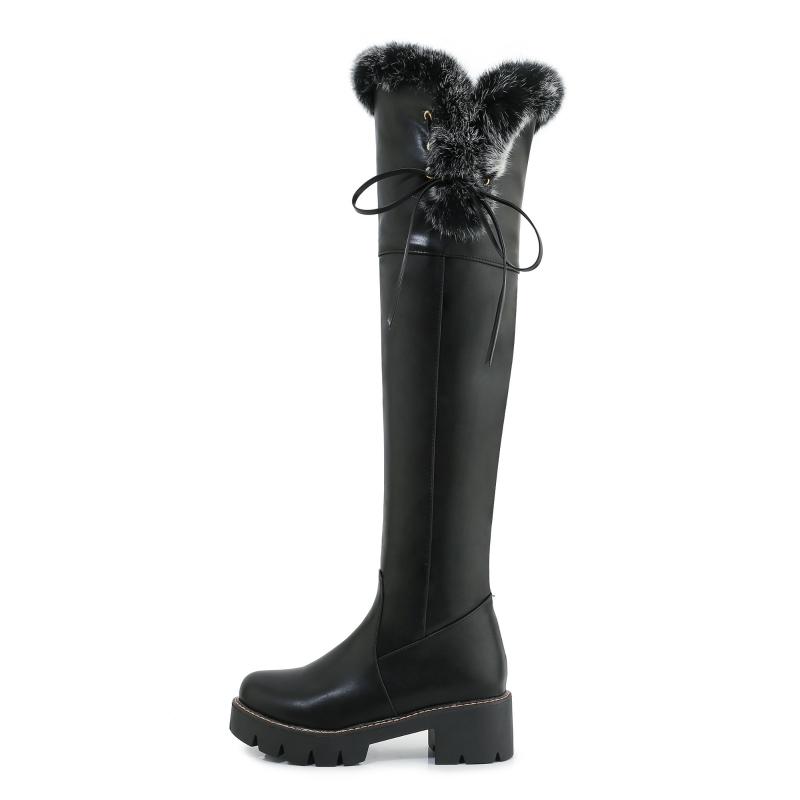 Black White Fur Snow Boots Winter Shoes Women's High Boot Platform Chunky Heels PU Leather Casual Warm Rain Shoes Waterproof
