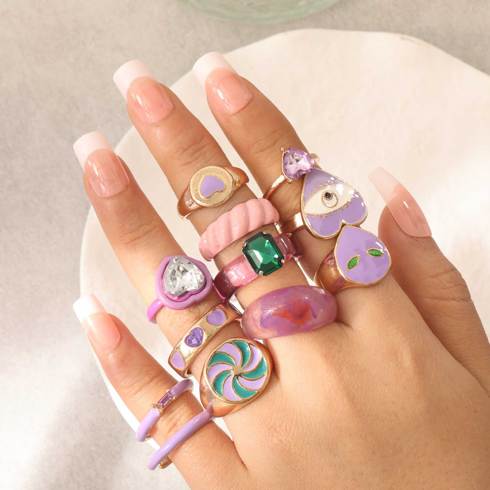 

Ring, Personalized Candy Color, Colorful Oil Drip Diamond 12-Piece Set, Ring Jewelry.