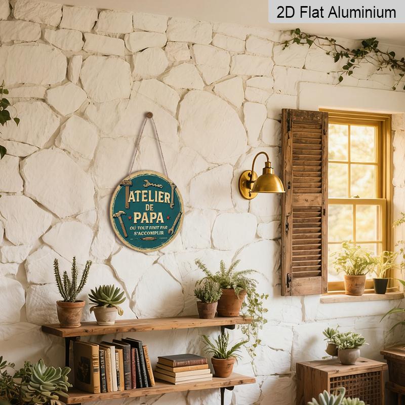 2D Flat - A 2D Flat, Round French Aluminum Sign Featuring a Vintage Plaque about 'Dad'S Workshop', Suitable for Decorating Garages, Studios, Home