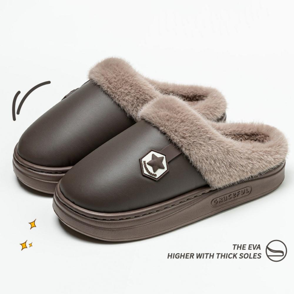 Unisex Closed-Toe House Slippers with Plush Lining, PU Upper, Thick EVA Sole and Slip-On Design for Indoor Winter Wear