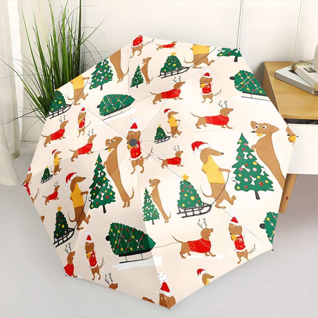Automatic Folding Umbrella with Dachshund Dogs in Christmas Outfits & Trees - 8-Rib Collapsible Design, Portable Outdoor Acces