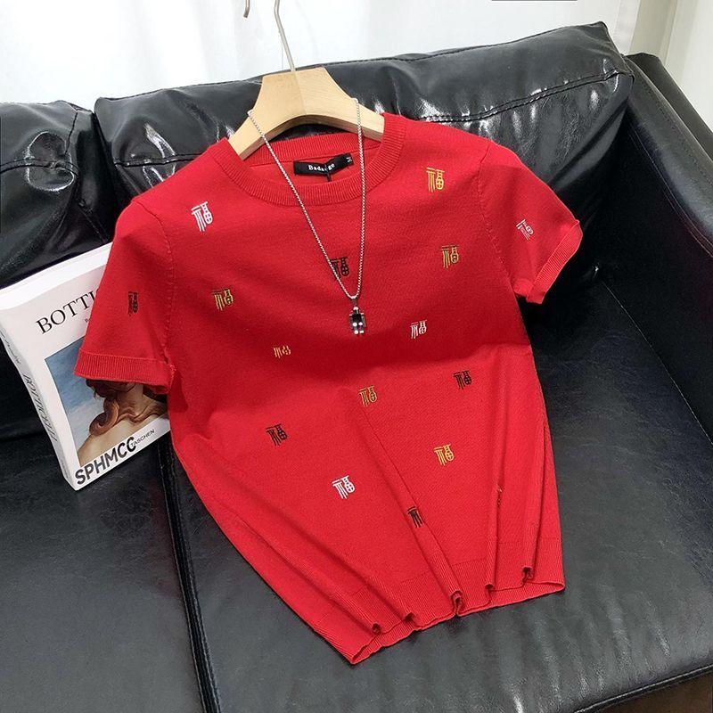 

Мужской вязаный короткий свитер с коротким рукавом, вышивкой, круглым вырезом, приталенный, молодежный пуловер, базовый слой, новый тренд 5XL красный