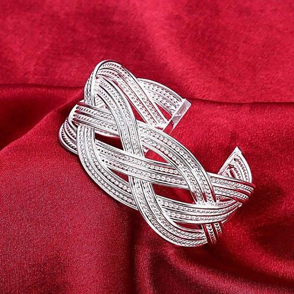 Resizable Wide Open Bangle Silver Woven Bracelet Unique Hollow Charm Bracelet  Gift