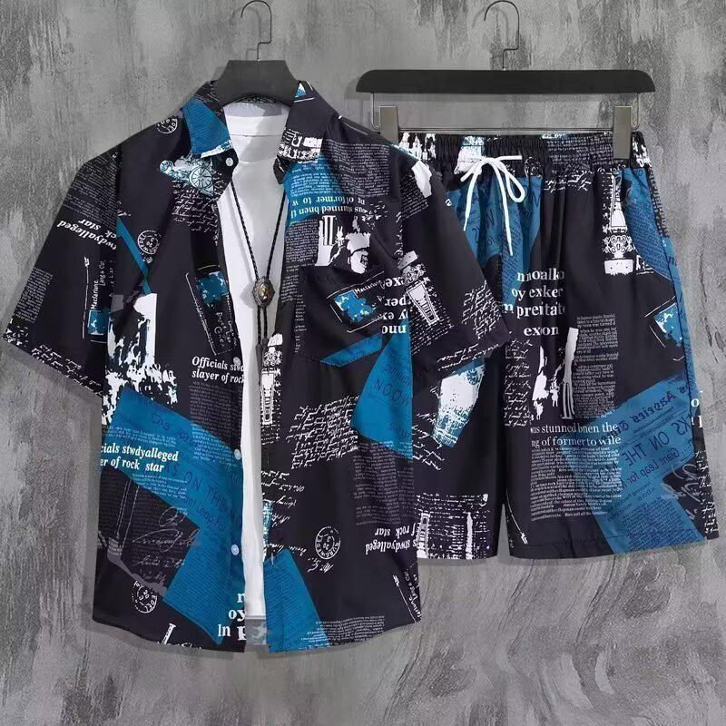 Men's Summer Japanese Trend Newspaper Print Shirt & Floral Beach Shorts Set