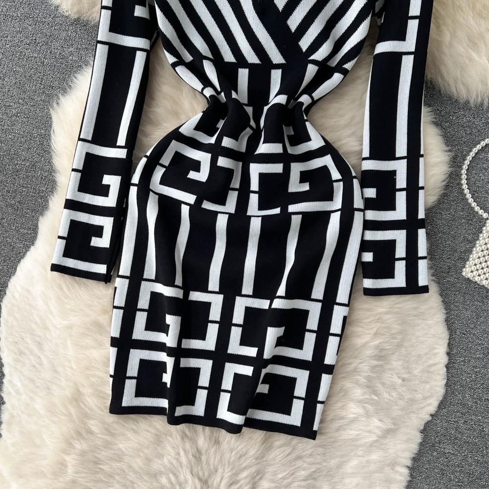 Spring Autumn V-neck Geometry Pattern Knitted Sweater Dresses Women Full Sleeve Mini Slim Bodycon Pencil Dress