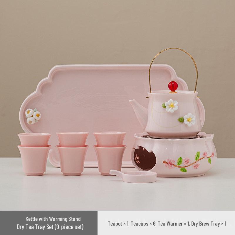 Women's Pink Ceramic Gongfu Tea Set with Teacup, Saucer, and Floral Handle Pot