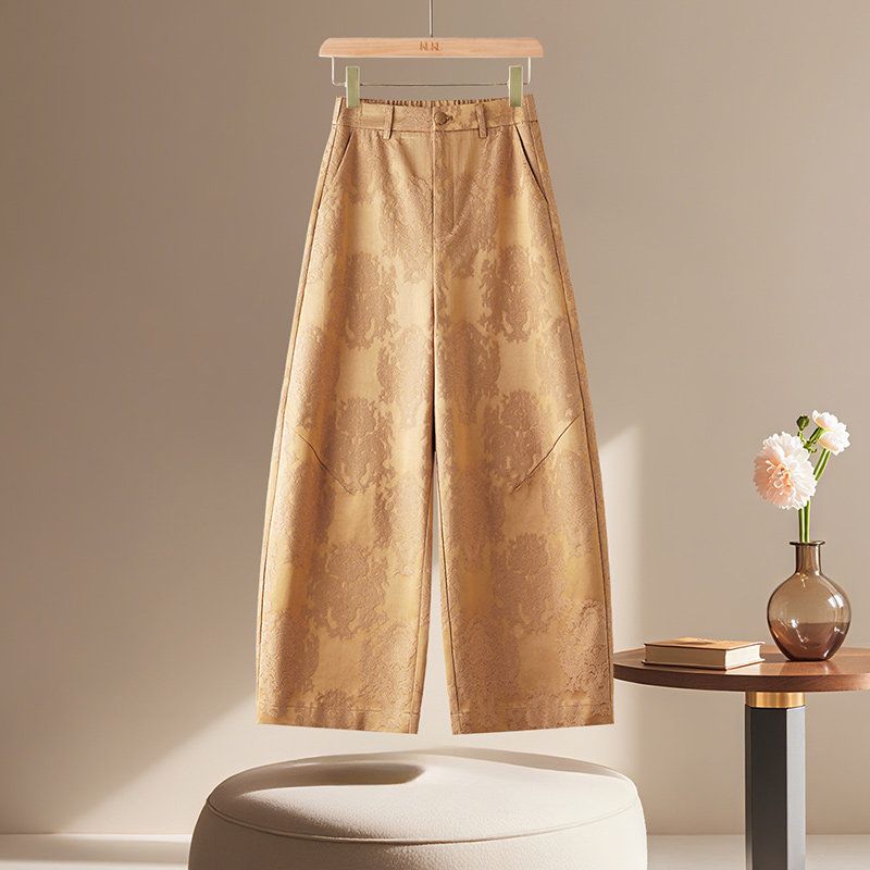 

High-Waisted Satin Jacquard Wide-Leg Pants for Women, 2026 Summer New Fashion Loose Slimming Straight-Leg Cropped Casual Pants Gold [Ordinary Style] 2XL (65-70kg)
