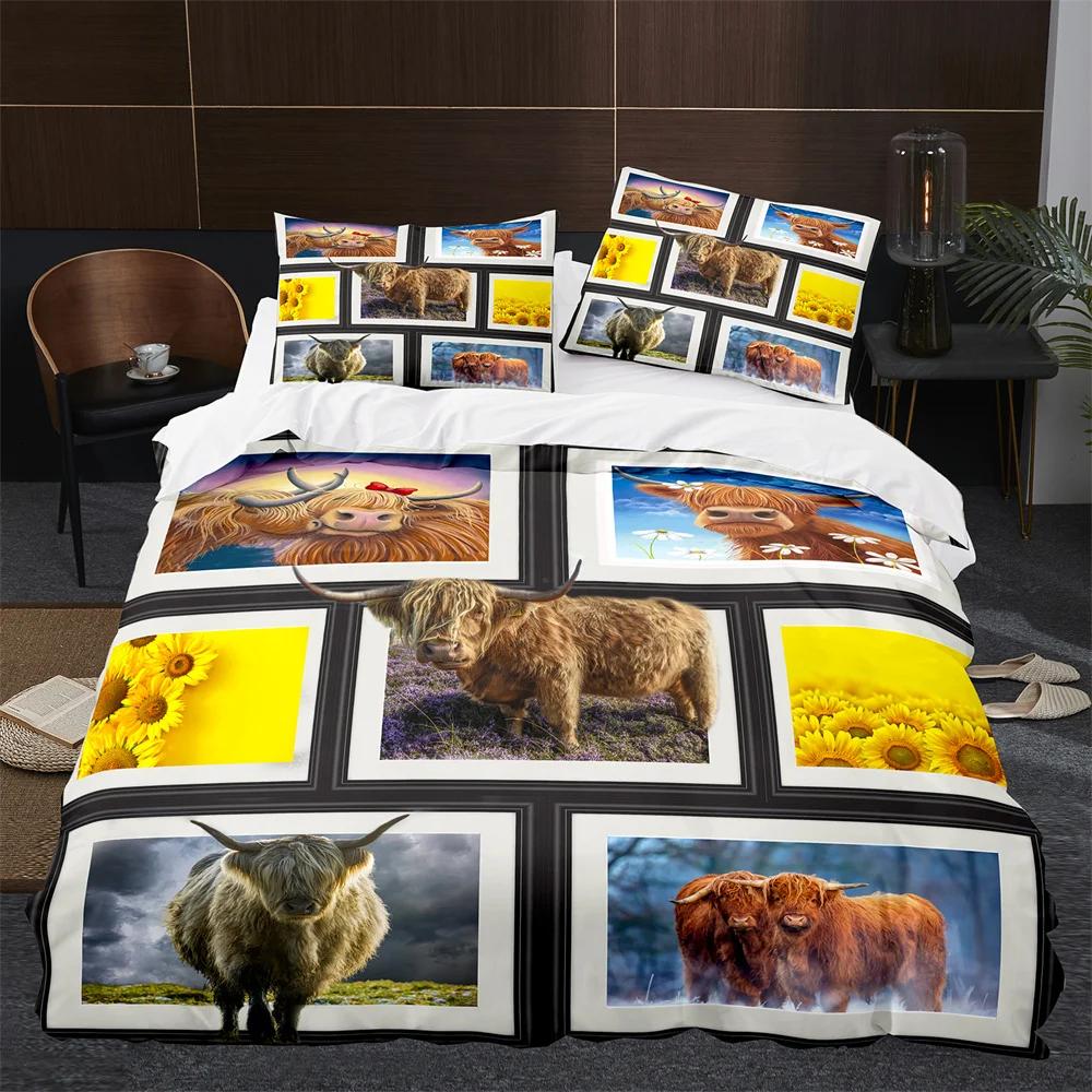 Highland Cow Duvet Cover King Queen Cattle Bedding Set Farmhouse Animal Quilt Cover Western Funny Bull Polyester Comforter Cover