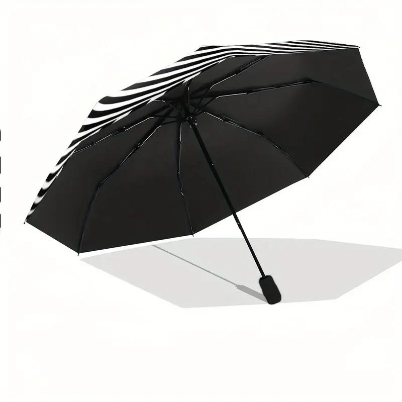 Folding Umbrella with Central Pattern, Rotating Ring & Contrast Black & Stripes - Compact Travel Umbrella for Backpacks, Perfe