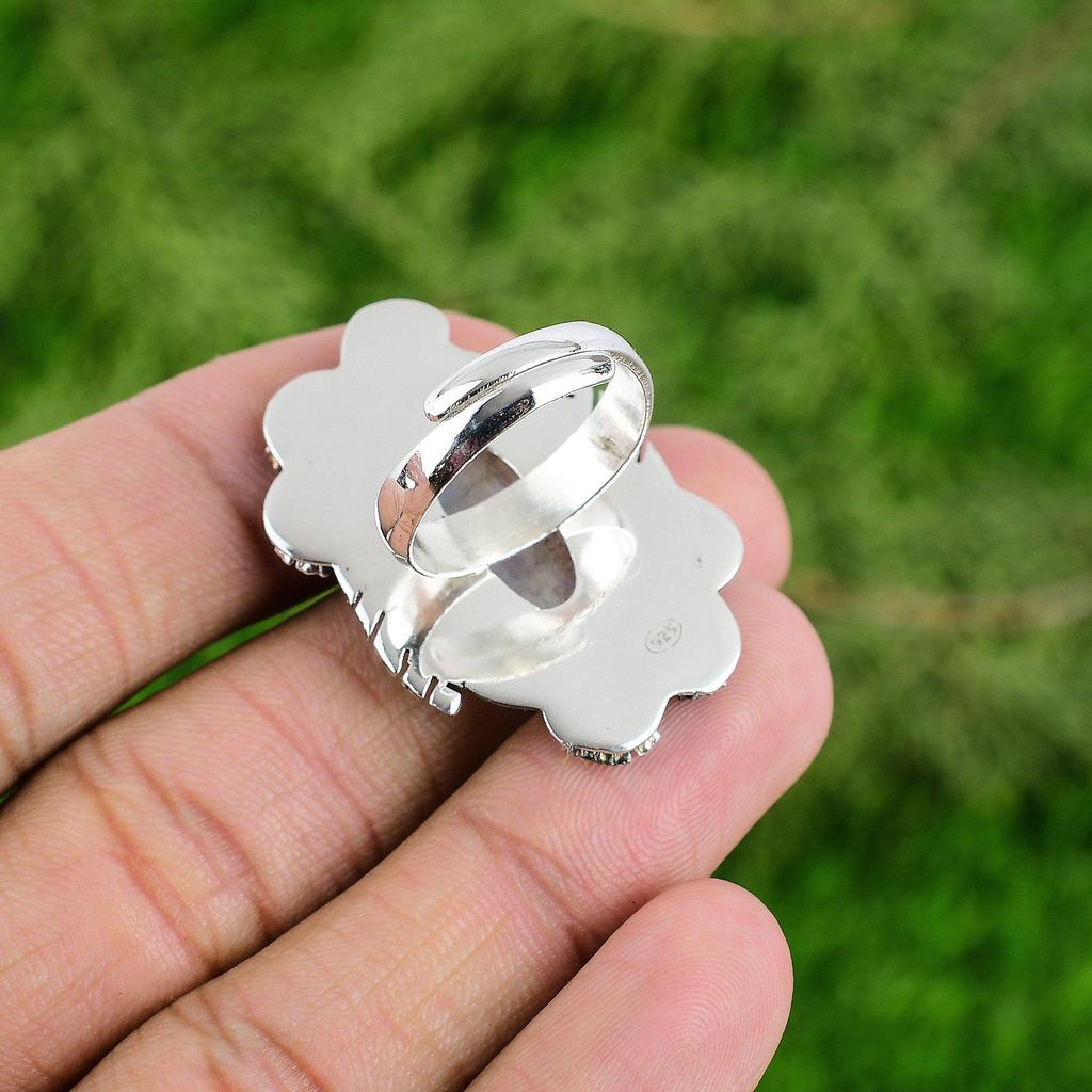 Natural Rainbow Moonstone Gemstone Statement Flower Adjustable Ring 925 Silver