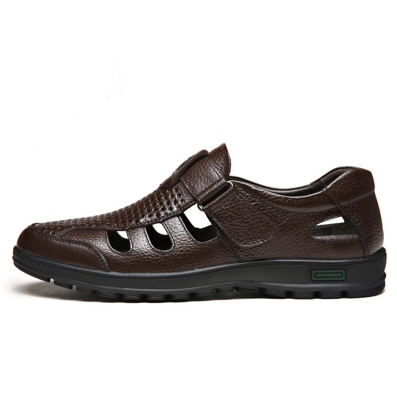 Breathable Cool Outdoors Non-slip Mature Men Genuine Leather Sandals Soft Sole Shoes Comfort Lightweight Large Size Roman Shoes