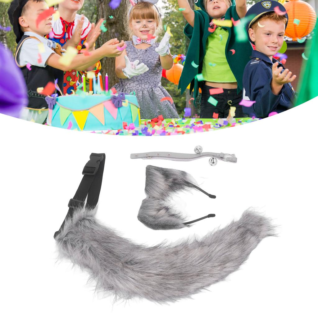 Cat Ears and Wolf Animal Tail Cosplay Costume Faux   Hair Clip Headdress Halloween Leather Neck Chocker Set Animal Cosplay Party Costume