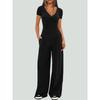 Women 2‑Piece Outfit V‑Neck Long Sleeve Ruched Top High Waist Wide Leg Pants Casual Loungewear Tracksuit Set