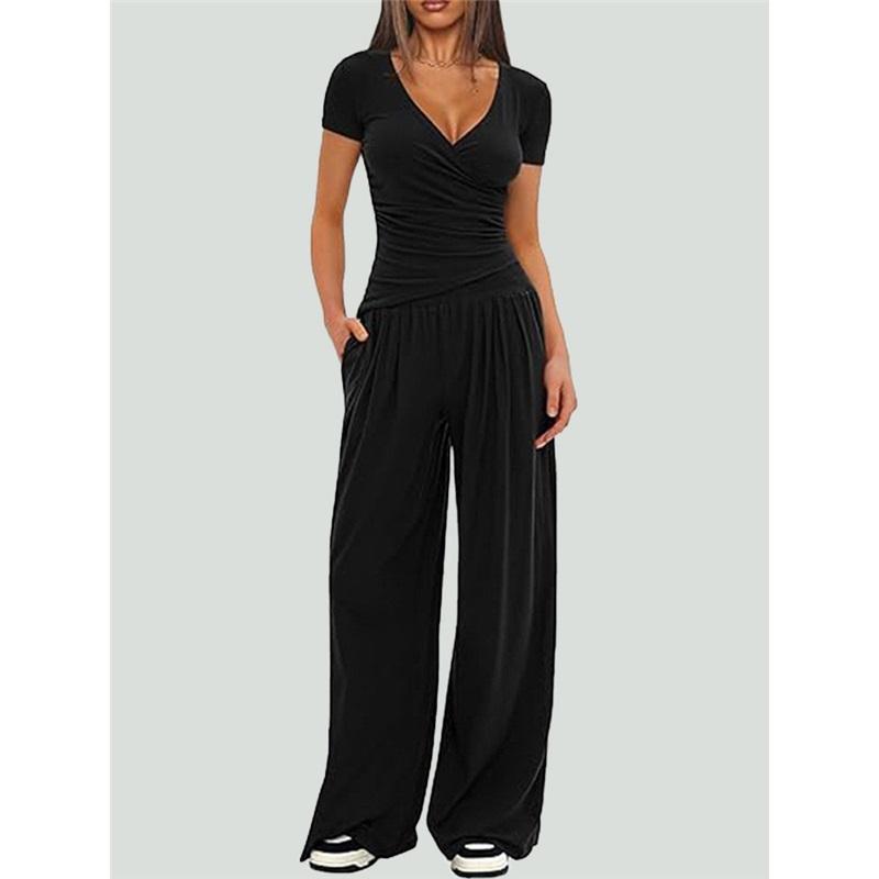 Women 2‑Piece Outfit V‑Neck Long Sleeve Ruched Top High Waist Wide Leg Pants Casual Loungewear Tracksuit Set