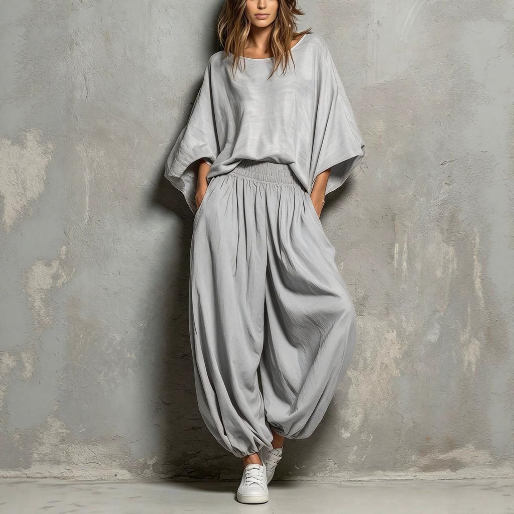 European and American women's clothing 2026 autumn and winter new fashion casual round neck loose top wide leg pants two-piece set