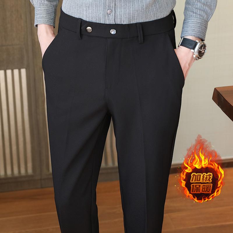 Light Luxury Winter Velvet Men's Casual Trousers Thickened Warm Men's Trousers Small Straight Light Business Men's Trousers