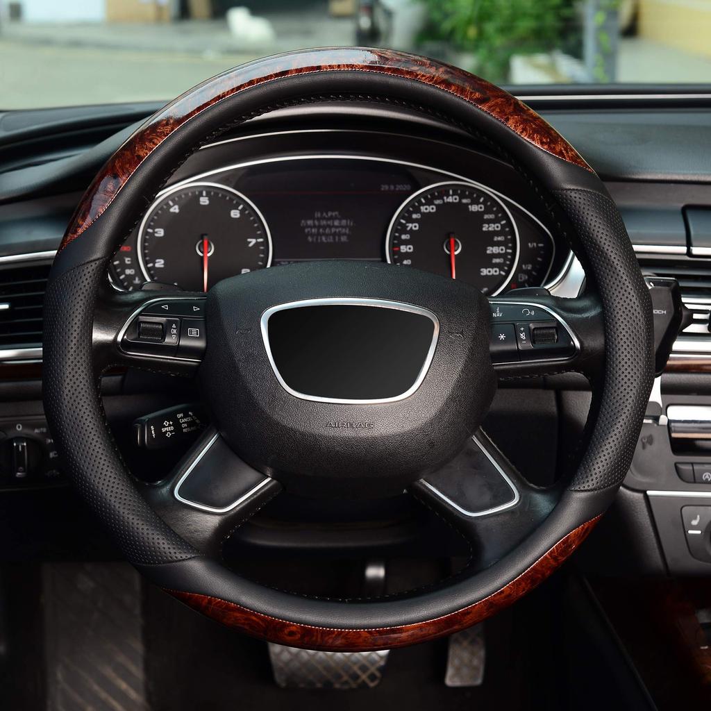 KAFEEK Wood Grain Steering Wheel Universal Microfiber KF10319 Cover, 15-inch, Leather, Non-Slip, Odorless, Brown,