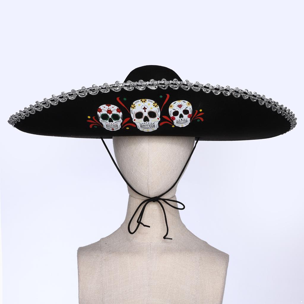 Corned Mexican Hat with Skull Design & Metallic Braid, Wide Brim Festival Accessory for Halloween Carnival Themed Parties