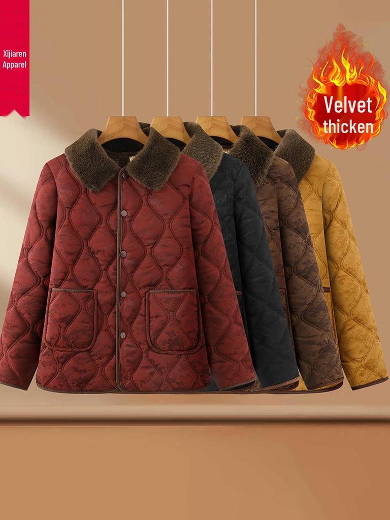 Stylish Floral Velvet-Enhanced Cotton Jacket for Middle-Aged Women - Short, Warm Autumn/Winter Wear for 50+.