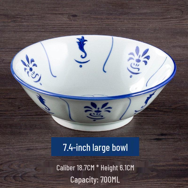 Vintage Ceramic Blue & White Bamboo Flower Bowl - Rustic Farmhouse Tableware, Ideal for Rice & Noodles