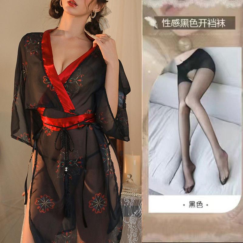 Sexy Lingerie Uniform Pure Desire Free Chiffon Pajamas Black Japanese Ancient Dress Printed Kimono Clothes Set