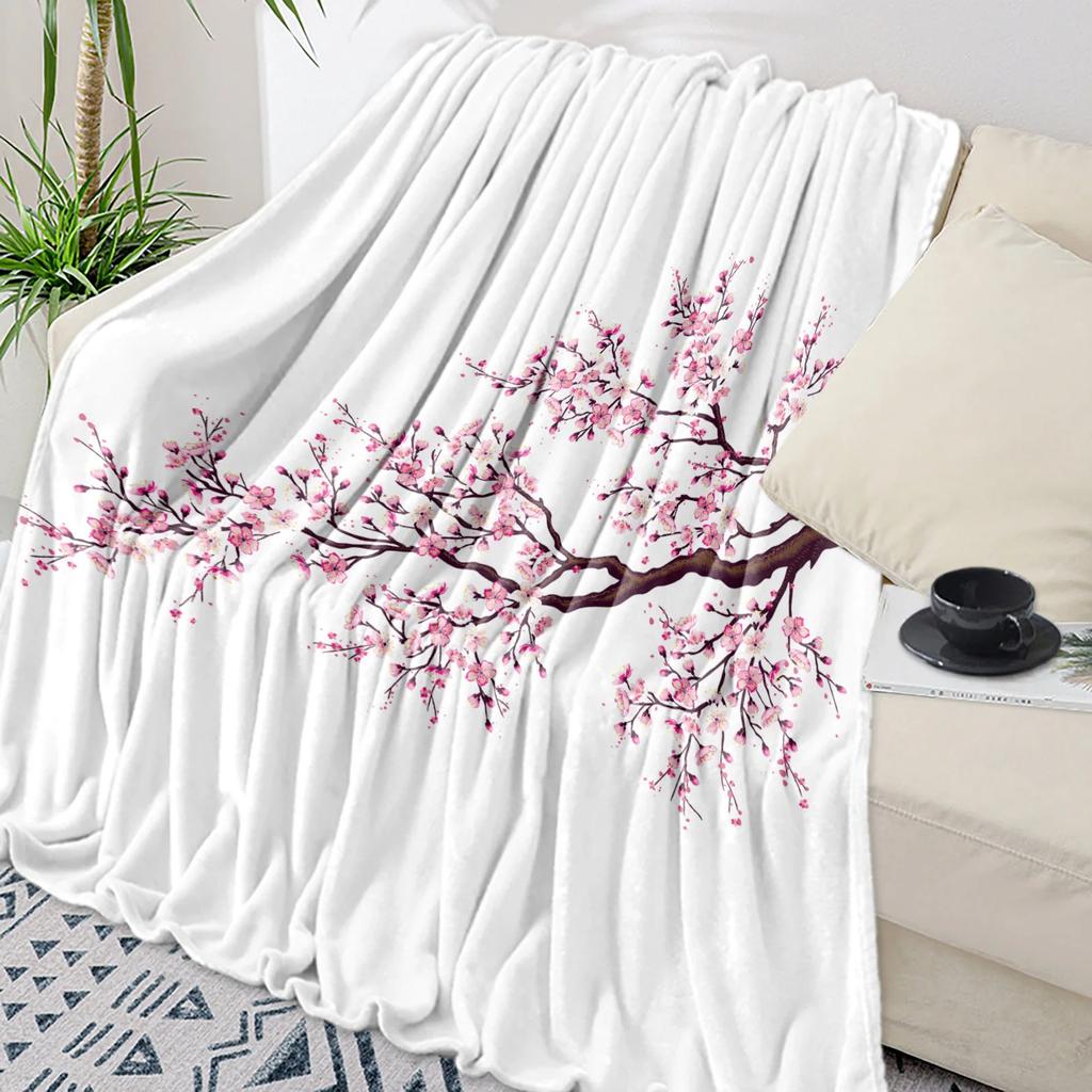 Cherry Blossom Plum Branch Pink Flower White Throw Blanket Warm Microfiber Flannel Blanket Bedroom Decor Blankets For Beds