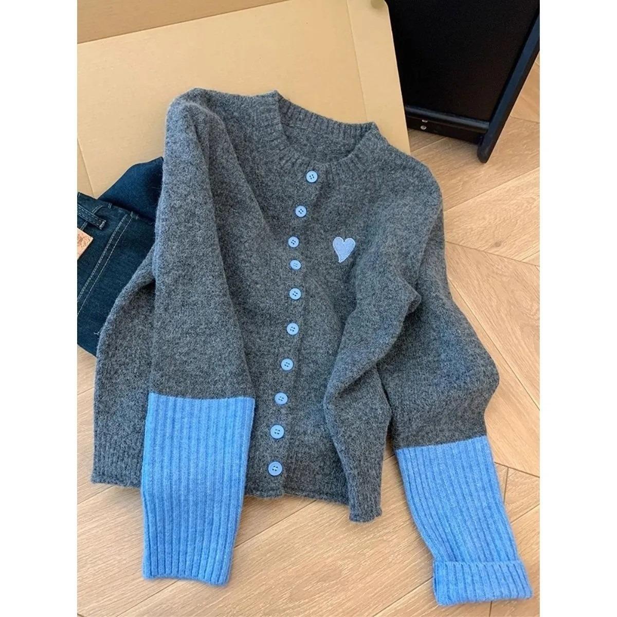 

Вязаный кардиган-жакет с колор-блокингом для женской зимы, мягкий и уникальный свитер One Size озеро синий