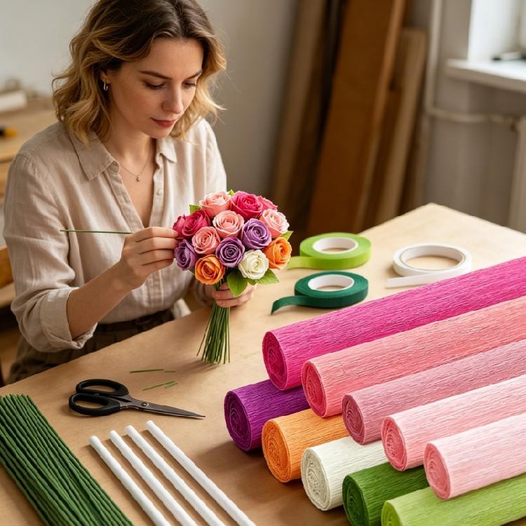 Crepe Paper Flower Supplies Set with 10 Rolls, 100 Green Wire Stems, Tapes, Scissors Adhesive Stick for Home Decorations