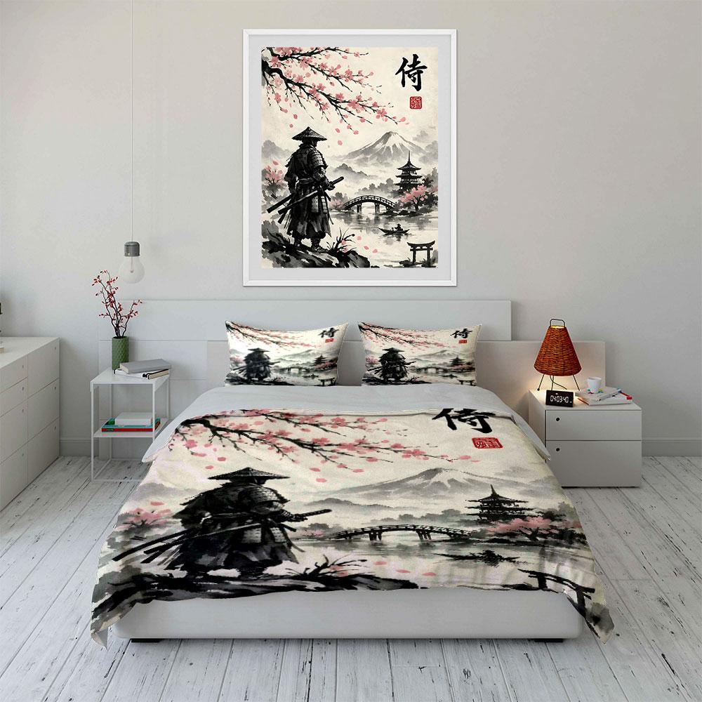Samurai Sakura Landscape Bedding Duvet Cover Set (1*Duvet Cover 2*Pillowcases, Without Duvet Insert)