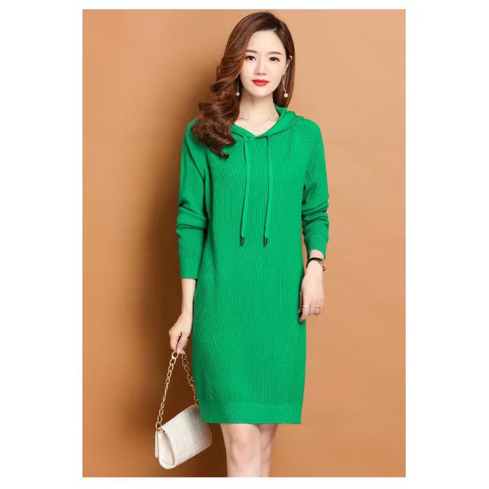 

Early Autumn Hooded Knitted Dress Spring Autumn Medium and Long Autumn Slim Women s Dress 1 Color Sweater Dress 3XL зелений