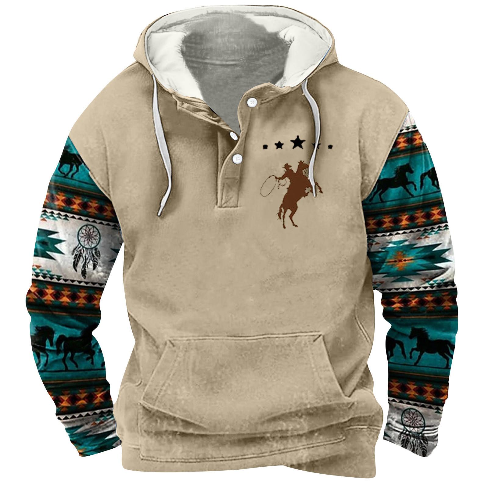 Мужской модный свитер с капюшоном и принтом в стиле ретро на полупуговицах XXL хаки 2248₽