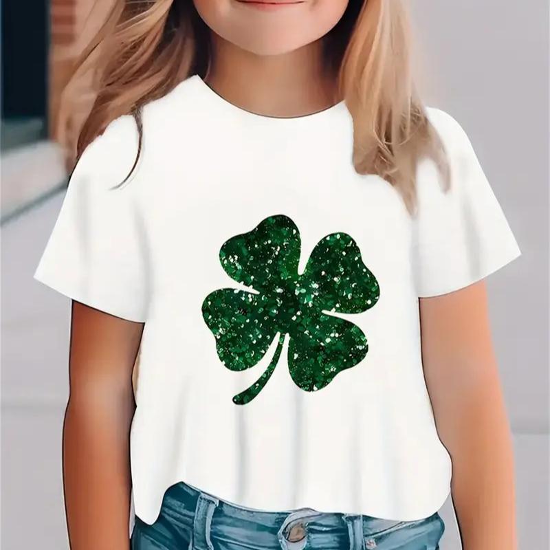 

Детская футболка с 3D-принтом, новая минималистичная футболка с круглым вырезом и короткими рукавами с небольшим свежим клеверным узором для девочек 170