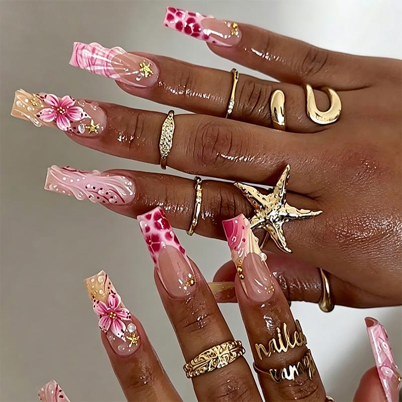 3D Pink Flower Leopard Print Detachable Wearable Nail Tips - European & American Design