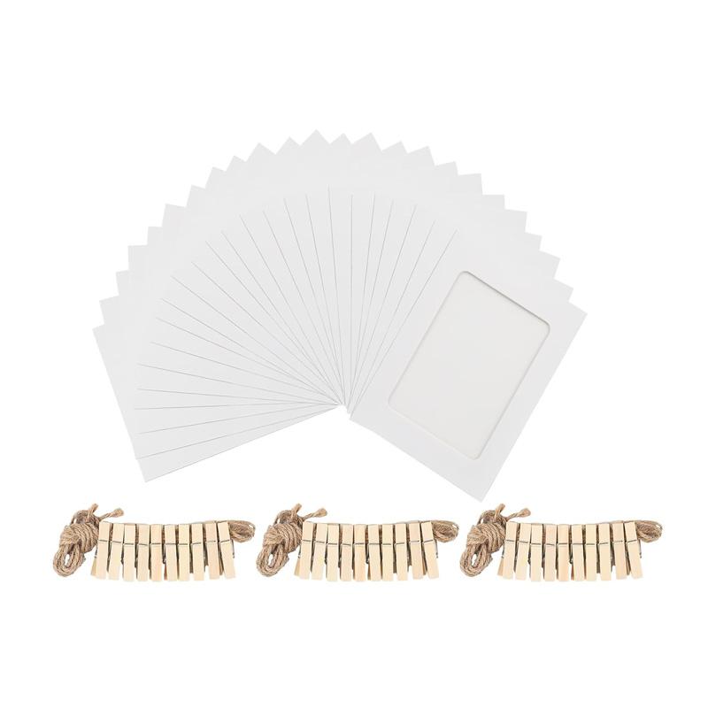30Pcs Combination Paper Frame Set 4x6 Inch Cardboard Picture Frames with 30 Wooden Clips and 3 Hemp Ropes Home Decoration Craft