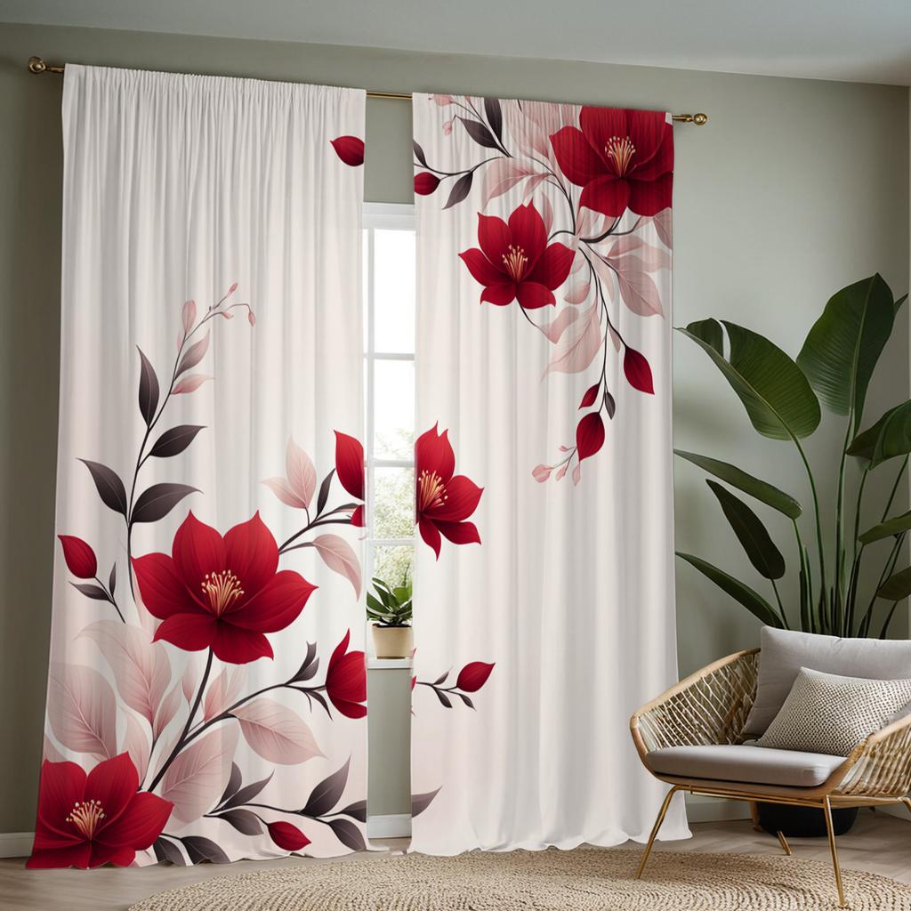 1pc Gorgeous red floral print curtains   polyester fabric   machine washable   suitable for living room and bedroom decoration