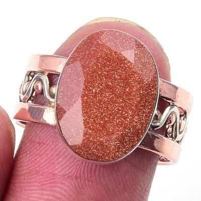 Natürlicher Sonnenstein Edelstein Handgefertigt 925 Sterlingsilber Zweifarbig Ring Größe 8 p4z99